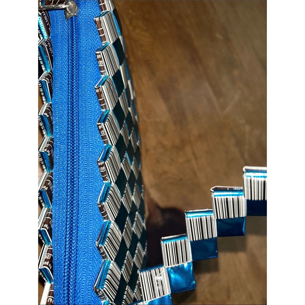 Handmade Recycled Wrapper Woven Shoulder Bag Blue Silver Artisan Purse - Picture 4 of 5